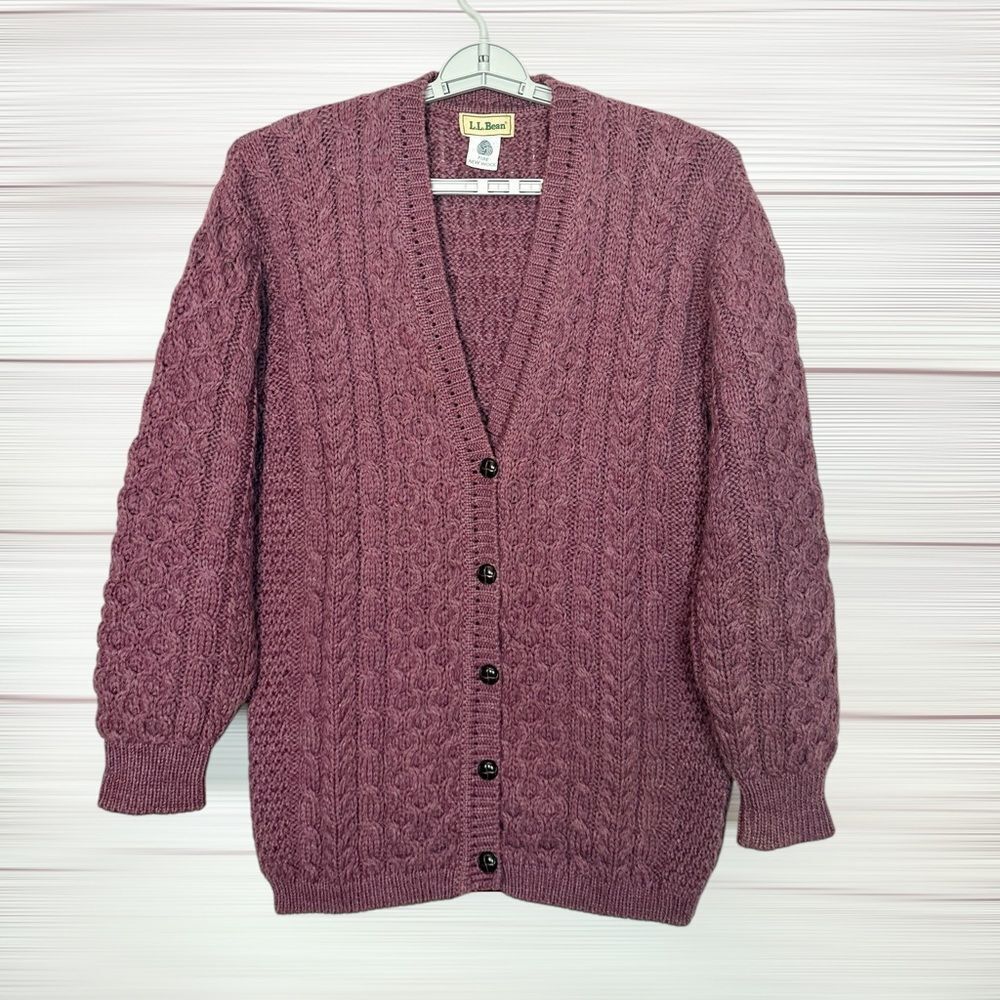 L.L. Bean Vintage Aran Cable Knit Cardigan Mauve Wool V-neck Fisherman Ireland M